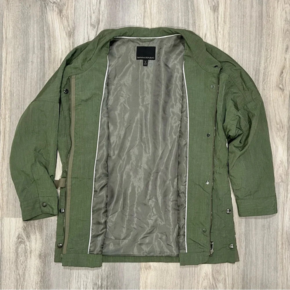Banana Republic Green Zip Belted Windbreaker Utility Parka Jacket Petite Size M - Picture 9 of 10